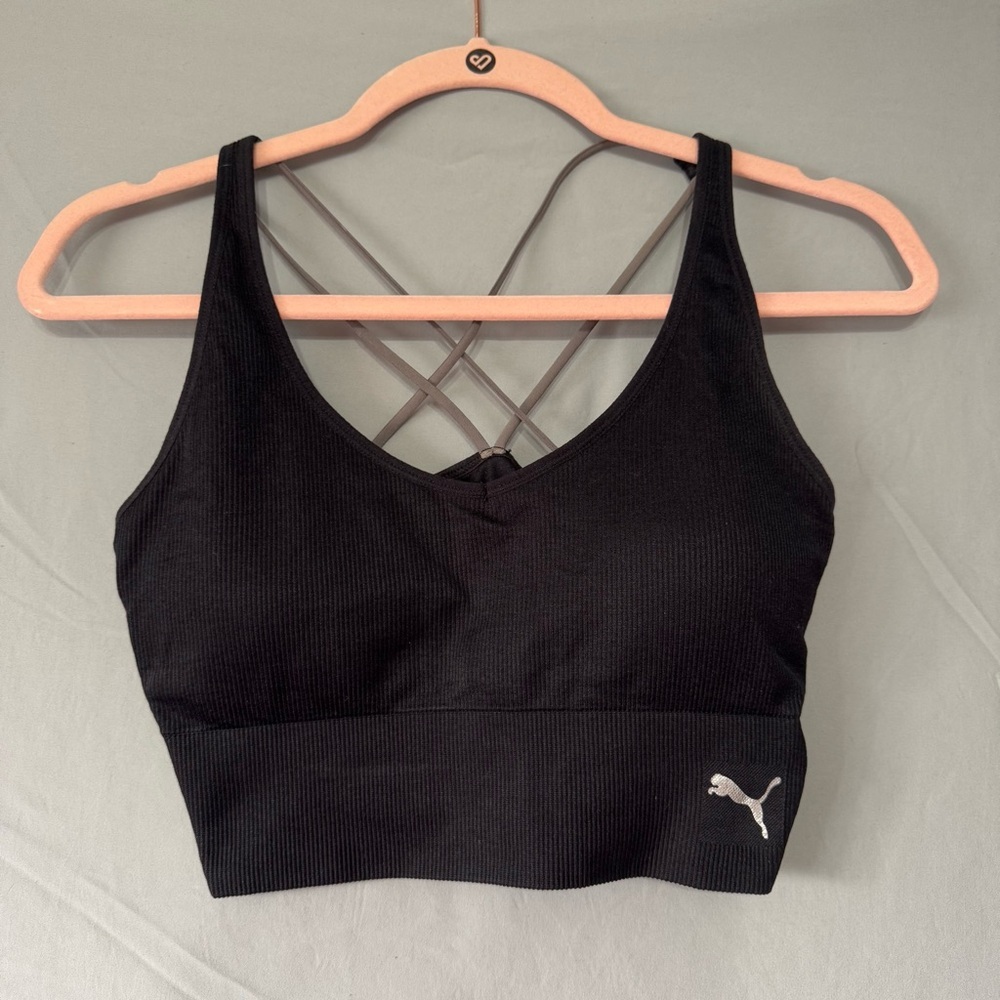 Puma Womens Black Sports Bra Crisscross Back Size L Sporty Workout Fitness Yoga